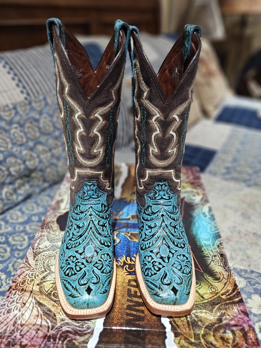 Women's Turquoise Hand Tooled Square Toe Western Boots